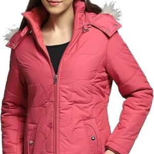 Womens Self Design Pink Detachable Hood Full Sleeve Jacket