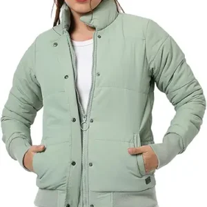 Women's Pink Puffer Regular Fit Bomber Jacket For Winter Wear