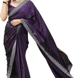 Women's Hot Fix Solid Purple Color Satin Moss Saree